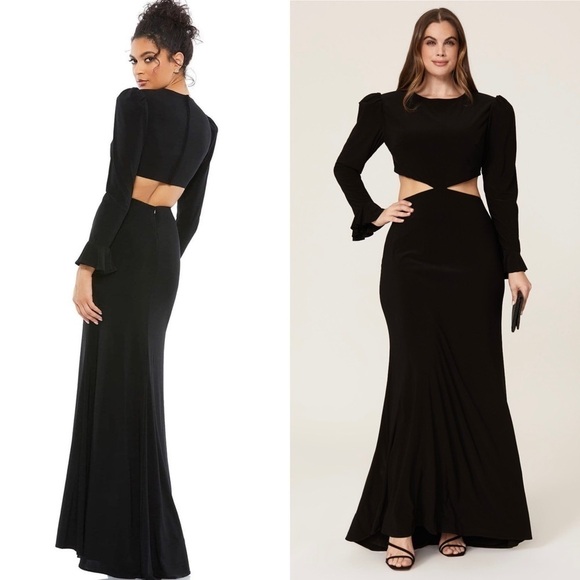MAC DUGGAL Puffed Shoulder Long Bell Sleeve Side Cutout Open Back Maxi Gown 10 - Picture 2 of 10